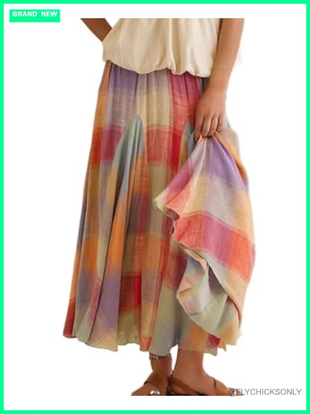 Ruffle Elastic Waist Flowy Midi Skirt Ruched A-Line Summer Vacation